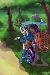 Size: 2000x3000 | Tagged: safe, artist:doggoisadummy, starlight glimmer, trixie, bird, duck, human, lizard, g4, bench, blushing, clothes, dark skin, duo, duo female, female, humanized, jacket, lesbian, park, park bench, pond, ship:startrix, shipping, talking, tree, water