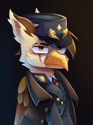 Size: 2229x3000 | Tagged: safe, artist:opal_radiance, oc, oc only, oc:darien platecrête, griffon, equestria at war mod, facial scar, gradient background, scar, solo