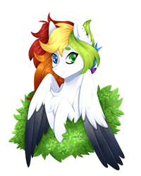 Size: 2000x2500 | Tagged: safe, artist:aakariu, oc, oc only, pegasus, pony, artfight, bush, digital art, female, halfbody, multicolored hair, rainbow hair, simple background, solo, white background