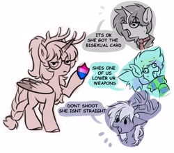 Size: 3244x2862 | Tagged: safe, artist:opalacorn, oc, oc only, alicorn, pony, antlers, bisexual pride flag, bust, clothes, dialogue, frown, glasses, lidded eyes, meme, open mouth, pride, pride flag, scarf, shield, simple background, speech bubble, striped scarf, white background