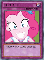 Size: 512x692 | Tagged: safe, artist:trrrebleee, edit, edited screencap, screencap, pinkie pie, human, fanfic:cupcakes, equestria girls, g4, card, card game, cupcake, episode needed, food, meme, yu-gi-oh!, yugioh card