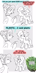 Size: 2048x4096 | Tagged: safe, artist:opalacorn, oc, oc only, oc:strawberry squeeze, oc:void, pegasus, pony, unicorn, comic, dialogue, duo, duo female, ear piercing, earring, emanata, female, grayscale, horn, jewelry, lidded eyes, mare, monochrome, nose piercing, nose ring, partial color, piercing, plants, plewds, speech bubble