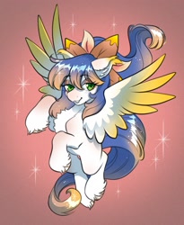 Size: 2303x2809 | Tagged: safe, artist:opalacorn, oc, oc only, oc:honeysuckle, pegasus, pony, bow, chest fluff, colored wings, commission, ear fluff, ear tufts, female, gradient background, gradient wings, hair bow, mare, solo, sparkles, spread wings, unshorn fetlocks, wings