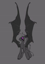 Size: 2671x3745 | Tagged: safe, artist:opalacorn, oc, oc only, bat pony, pony, bat pony oc, black sclera, blood, chest fluff, commission, ear fluff, fangs, female, floppy ears, glowing, glowing eyes, gray background, grayscale, large wings, mare, monochrome, partial color, simple background, solo, spread wings, unshorn fetlocks, wings