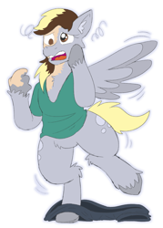 Size: 750x1050 | Tagged: safe, artist:detectivecoon, derpy hooves, human, pegasus, pony, g4, bipedal, clothes, female, human to pony, mare, mid-transformation, open mouth, shirt, simple background, solo, spread wings, transformation, transparent background, unshorn fetlocks, wings, worried