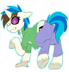 Size: 750x786 | Tagged: safe, artist:detectivecoon, dj pon-3, vinyl scratch, human, pony, unicorn, g4, clothes, female, horn, human to pony, looking back, mid-transformation, pants, raised hoof, shirt, simple background, solo, transformation, transparent background, unshorn fetlocks, vinyl's glasses