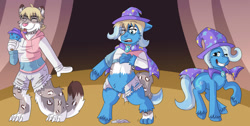 Size: 1280x645 | Tagged: oc name needed, safe, artist:detectivecoon, trixie, oc, big cat, leopard, pony, unicorn, anthro, g4, female, food, furry, furry to pony, grin, horn, ice cream, smiling, transformation, transformation sequence, unshorn fetlocks