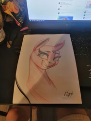 Size: 1200x1600 | Tagged: safe, artist:i love hurt, oc, oc only, pony, unicorn, computer, horn, laptop computer, solo, traditional art