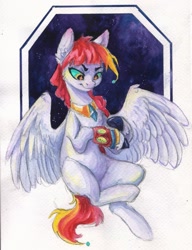 Size: 1737x2260 | Tagged: artist needed, safe, oc, oc only, oc:luminarie, pegasus, pony, abstract background, peytral, spread wings, traditional art, watch, wings, wristwatch