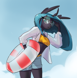 Size: 783x792 | Tagged: safe, artist:i love hurt, queen chrysalis, changeling, changeling queen, anthro, g4, bikini, clothes, curved horn, female, glasses, horn, inner tube, open clothes, open shirt, pool toy, round glasses, shirt, solo, swimsuit, translucent inflatable