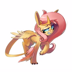 Size: 3363x3361 | Tagged: safe, alternate version, artist:i love hurt, fluttershy, pony, sphinx, collaboration:bestiary of fluttershy, g4, collaboration, female, fluttersphinx, high res, leonine tail, mare, simple background, smiling, solo, species swap, sphinxified, tail, white background, wings