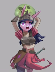 Size: 2350x3044 | Tagged: safe, artist:i love hurt, twilight sparkle, unicorn, anthro, g4, armor, female, gray background, helmet, horn, long ears, simple background, slime, solo, sword, weapon