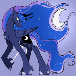 Size: 1000x1000 | Tagged: safe, artist:desmdc_, princess luna, alicorn, pony, g4, chest fluff, crown, ethereal mane, ethereal tail, female, fetlock tuft, flowing mane, flowing tail, folded wings, full body, hoof fluff, horn, jewelry, mare, moon, regalia, solo, tail, wings