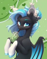 Size: 2208x2775 | Tagged: safe, artist:viryav, oc, oc only, bat pony, pony, blue eyes, blue hair, blue pupils, blurry background, blush lines, blushing, chest fluff, coat markings, colored eyebrows, colored hooves, crescent eyes, cup, cute, drink, drinking, drinking straw, ear fluff, ear markings, ear tufts, eyebrows, female, female oc, food, freckles, green background, hair bun, half body, happy, hooves, lemon, lime, looking at you, mare, mare oc, mojito, outline, partially open wings, plastic cup, shiny mane, signature, sipping, sketch, slender, smiling, smiling at you, socks (coat markings), soda, solo, starry eyes, tassels, thin, wingding eyes, wings