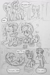 Size: 1055x1582 | Tagged: safe, artist:dashwooo, applejack, fluttershy, pinkie pie, rainbow dash, rarity, starlight glimmer, twilight sparkle, alicorn, earth pony, pegasus, pony, unicorn, g4, comic, doodle, horn, mane six, monochrome, paper, pencil drawing, traditional art, twilight sparkle (alicorn)