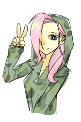 Size: 996x1495 | Tagged: safe, artist:dashwooo, fluttershy, human, equestria girls, g4, camouflage, clothes, doodle, hoodie, one eye covered, peace sign, pony coloring, simple background, solo, white background