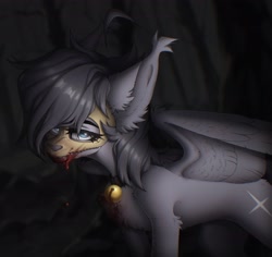 Size: 2973x2805 | Tagged: safe, artist:viryav, oc, oc only, oc:kainy, pegasus, pony, blood, blue eyes, calm, collar, concave belly, dark forest, dark lighting, ear fluff, eye clipping through hair, eyebrows, eyebrows visible through hair, female, female oc, fluffy, forest, forest background, gray body, grey hair, half body, implied hard vore, implied vore, looking at you, mare, mare oc, nature, night, partially open wings, skull, skull mask, slender, solo, tassels, thin, tree, wing fluff, wings