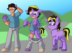 Size: 1617x1204 | Tagged: safe, artist:detectivecoon, oc, oc only, human, pony, unicorn, cheek fluff, chest fluff, clothes, clothes falling off, glasses, gritted teeth, horn, human to pony, looking at self, male, onomatopoeia, pants, pants down, raised hoof, shirt, shoes, solo, sound effects, stallion, stallion oc, t-shirt, teeth, transformation, transformation sequence, unshorn fetlocks