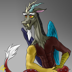 Size: 3000x3000 | Tagged: safe, artist:ctamina, discord, draconequus, g4, gigachad, gradient background, horns, male, meme, mismatched wings, muscles, sitting, smiling, solo, tail, wings