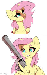 Size: 2500x4000 | Tagged: safe, artist:skitsroom, fluttershy, pegasus, pony, g4, bait and switch, female, gun, gunshy, handgun, mare, revolver, shadow, simple background, solo, weapon, white background, wing hands, wings