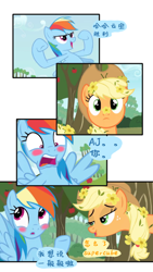 Size: 1080x1920 | Tagged: safe, artist:broken colors, applejack, rainbow dash, earth pony, pegasus, pony, g4, apple, apple tree, blushing, chinese, duo, duo female, female, flower, flower in hair, lesbian, mare, ship:appledash, shipping, translation request, tree