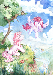 Size: 2808x3970 | Tagged: safe, artist:laymy, heart throb, lickety-split, bird, earth pony, pegasus, pony, g1, bow, cute, duo, female, flower, flying, g1 licketybetes, heart throb can fly, heartthrobetes, mare, sitting, tail, tail bow, tree