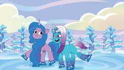 Size: 2400x1350 | Tagged: safe, artist:prixy05, comet (g5), izzy moonbow, auroricorn, pony, unicorn, g5, my little pony: tell your tale, duo, duo male and female, female, horn, ice, ice skating, male, mare, snow, stallion, tree