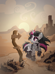 Size: 1536x2048 | Tagged: safe, artist:redjester, oc, oc only, oc:heartsnake, pony, unicorn, fallout equestria, clothes, fallout equestria oc, horn, road sign, solo, vector, wasteland