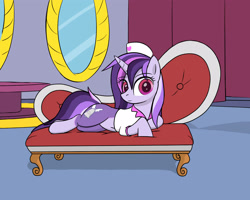 Size: 2500x2000 | Tagged: safe, artist:vadytwy, oc, oc only, oc:dreaming bell, pony, unicorn, g4, clothes, commission, couch, cute, draw me like one of your french girls, female, hat, horn, lying down, mare, nurse, nurse hat, nurse outfit, solo, two toned coat, ych result