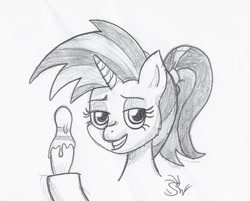 Size: 1354x1086 | Tagged: safe, artist:s.w, allie way, pony, unicorn, g4, bowling pin, female, fluids, grayscale, grin, horn, mare, monochrome, ponytail, smiling, solo, teeth, traditional art