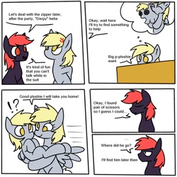 Size: 2000x2000 | Tagged: safe, artist:742, derpy hooves, oc, oc:tom, earth pony, pegasus, pony, g4, comic, cross-popping veins, dialogue, emanata, exclamation point, interrobang, ponysuit, question mark