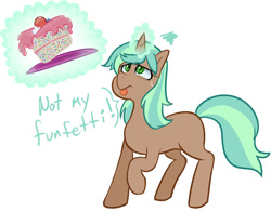 Size: 1000x783 | Tagged: artist needed, safe, pony, unicorn, blank flank, cake, food, green eyes, horn, magic, simple background, solo, telekinesis, text, tongue out, white background