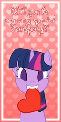 Size: 632x1264 | Tagged: safe, artist:happbee, twilight sparkle, pony, g4, balloon, dialogue, female, gradient background, heart, heart balloon, holiday, horn, mare, no pupils, solo, teeth, text, valentine's day