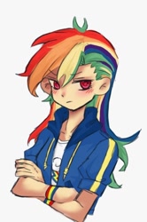 Size: 542x816 | Tagged: safe, artist:xinjinjumin7426699, rainbow dash, human, g4, bust, crossed arms, frown, humanized, looking at you, multicolored hair, rainbow hair, simple background, white background