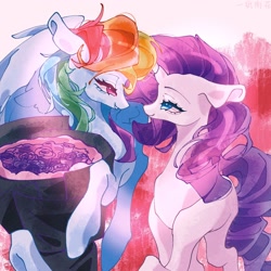 Size: 1918x1918 | Tagged: safe, artist:xinjinjumin172779558900, rainbow dash, rarity, pegasus, pony, unicorn, g4, abstract background, bouquet of flowers, female, flower, horn, lesbian, looking at each other, looking at someone, mare, ship:raridash, shipping, smiling, smiling at each other