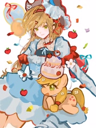 Size: 3000x4000 | Tagged: safe, artist:bubutoday, applejack, earth pony, human, pony, g4, balloon, cake, clothes, confetti, dress, female, food, hat, humanized, looking at you, mare, self paradox, self ponidox, simple background, smiling, text, white background