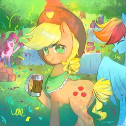 Size: 1200x1200 | Tagged: safe, artist:yizhidaoyouguozi30872, applejack, pinkie pie, rainbow dash, earth pony, pegasus, pony, g4, cider, confetti, eyes closed, looking at you, mug, party, present, smiling, smiling at you, table