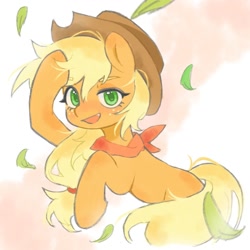 Size: 1080x1080 | Tagged: safe, artist:xinjinjumin239813620360, applejack, earth pony, pony, g4, abstract background, cowboy hat, female, hat, leaf, mare, neckerchief, open mouth, smiling, solo, stetson