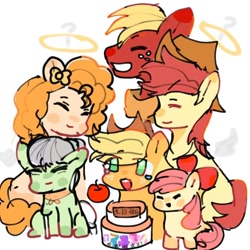 Size: 1080x1080 | Tagged: safe, artist:xinjinjumin821579998446, apple bloom, applejack, big macintosh, bright mac, granny smith, pear butter, earth pony, pony, g4, apple family, cake, female, filly, foal, food, halo, male, mare, simple background, stallion, white background