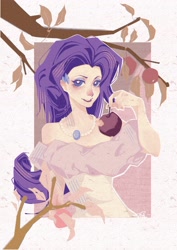 Size: 2480x3508 | Tagged: safe, artist:jinyikou, rarity, human, g4, apple, apple tree, clothes, dress, food, grin, humanized, jewelry, necklace, passepartout, smiling, solo, tree