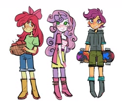 Size: 1671x1418 | Tagged: safe, artist:boom175974, artist:cellolikescat, apple bloom, scootaloo, sweetie belle, human, equestria girls, g4, apple, basket, blushing, boots, clothes, cutie mark crusaders, food, grin, hoodie, horn, horned humanization, jeans, pants, shoes, short jeans, shorts, simple background, skateboard, skirt, smiling, white background