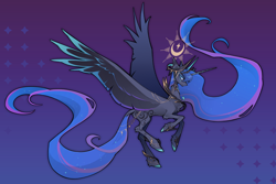 Size: 3300x2200 | Tagged: safe, artist:atardanto, princess luna, alicorn, pony, g4, abstract background, alternate design, blue background, chest fluff, coat markings, colored hooves, concave belly, dithering, elbow fluff, ethereal mane, ethereal tail, female, floating crown, flying, full body, gradient background, halo, hock fluff, hooves, horn, impossibly long hair, jewelry, large wings, leg jewelry, long hair, long horn, long mane, long tail, looking at you, mare, patterned background, purple background, simple background, slender, solo, sparkly mane, sparkly tail, spread wings, swirls, swirly markings, tail, tail jewelry, thin, very long hair, wings