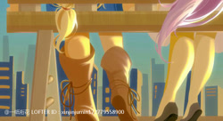 Size: 750x407 | Tagged: source needed, safe, artist:xinjinjumin172779558900, applejack, fluttershy, equestria girls, g4, bench, boots, city, cityscape, duo, female, shoes, sitting