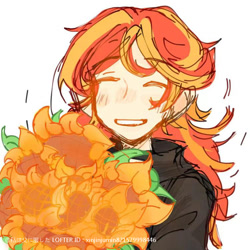 Size: 750x750 | Tagged: source needed, safe, artist:xinjinjumin821579998446, sunset shimmer, human, equestria girls, g4, bouquet of flowers, flower, simple background, solo, sunflower, white background