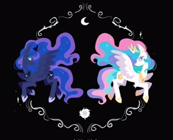 Size: 2048x1661 | Tagged: source needed, safe, artist:cellolikescat, princess celestia, princess luna, alicorn, pony, g4, black background, duo, duo female, female, profile, royal sisters, siblings, simple background, sisters, smiling, spread wings, wings