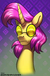 Size: 2000x3000 | Tagged: safe, artist:jedayskayvoker, oc, oc only, oc:twister pop, pony, unicorn, abstract background, bust, colored sketch, glasses, gradient background, horn, icon, male, portrait, sketch, solo, stallion, unicorn oc