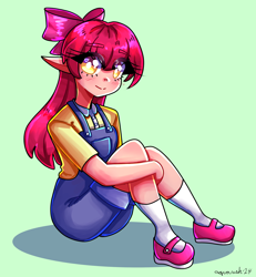 Size: 2550x2754 | Tagged: safe, artist:mylittleyuri, apple bloom, human, g4, apple bloom's bow, bow, clothes, elf ears, green background, hair bow, humanized, mary janes, overalls, shirt, shoes, simple background, socks, solo, t-shirt