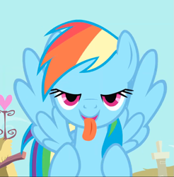 Size: 693x703 | Tagged: safe, screencap, rainbow dash, pegasus, pony, a bird in the hoof, g4, my little pony: friendship is magic, season 1, bedroom eyes, cropped, out of context, solo, spread wings, tongue out, wings