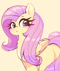 Size: 1715x2048 | Tagged: safe, artist:leo19969525, fluttershy, pegasus, pony, g4, butt, cute, eyelashes, female, flutterbutt, folded wings, mare, plot, shyabetes, simple background, solo, wings, yellow background