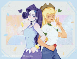 Size: 750x580 | Tagged: source needed, safe, artist:jinyikou, applejack, rarity, human, equestria girls, g4, my little pony equestria girls: legend of everfree, camp everfree outfits, clothes, duo, duo female, female, tank top